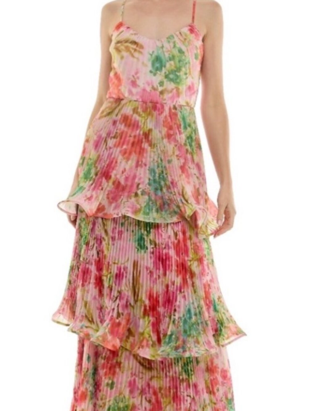 NWT Taylor Printed Pleated Tiered Sleeveless Gown in Pink Carnation. Size 4